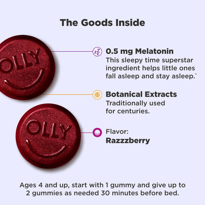 OLLY Kids Sleep Gummy, 0.5mg Melatonin, L Theanine, Chamomile, and Lemon Balm, Childrens Chewable Supplement, Raspberry - 50 Count