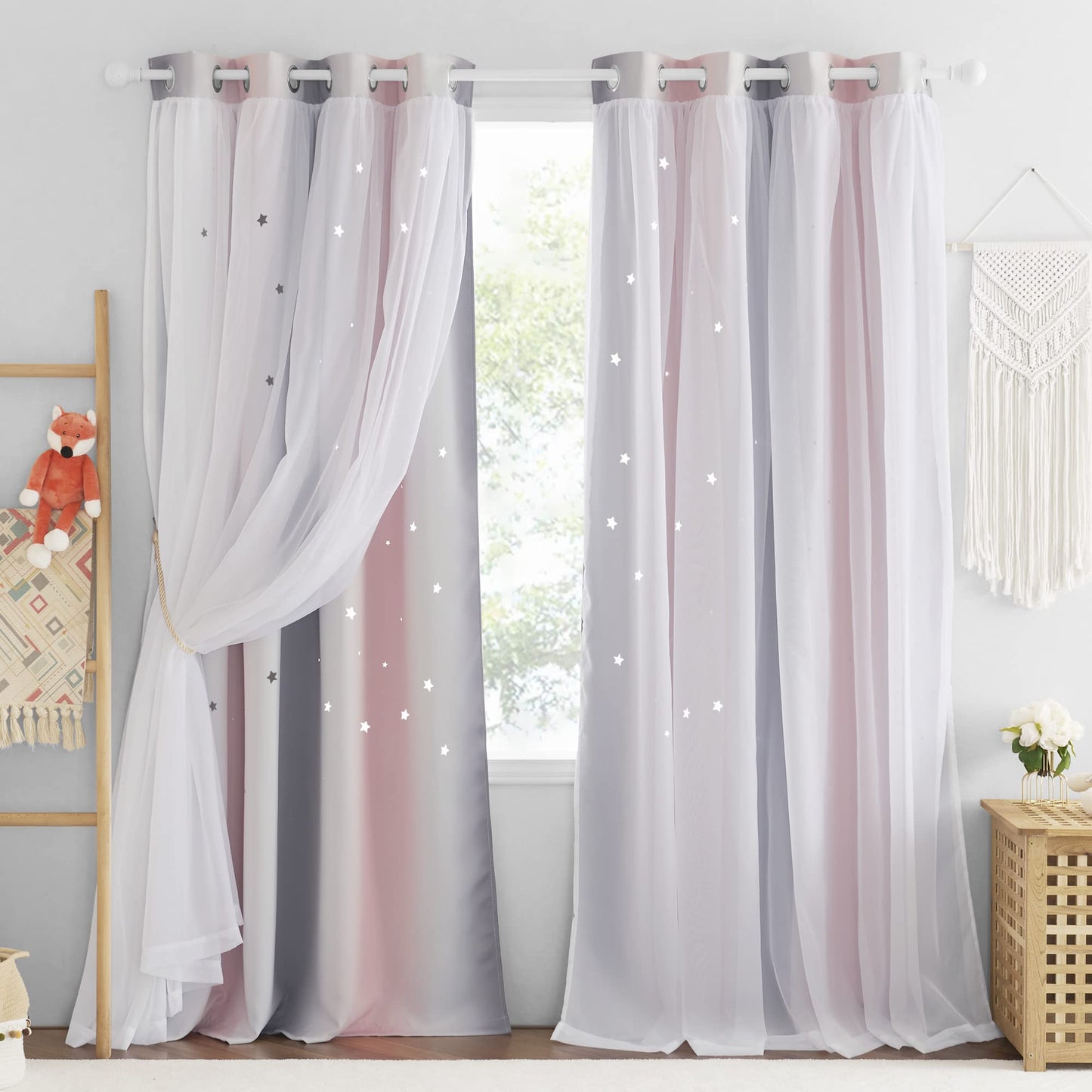 NICETOWN Nursery Curtains for Kids, Farmhouse Blackout Curtain Panels for Bedroom, Double Layer Star Hollow-Out Grommet Aesthetic Living Room Toddler Window Curtains, 2 Pcs, W52 x L84, Biscotti Beige