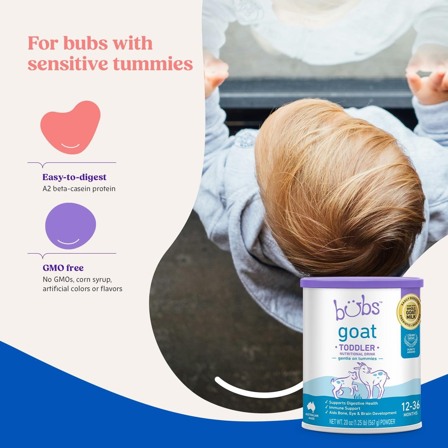 Bubs Whole Goat Milk Formula with Iron, Goat Milk-Based Powder, for Infants 0-12 Months, Made with Non-GMO Goat Milk, 20 oz
