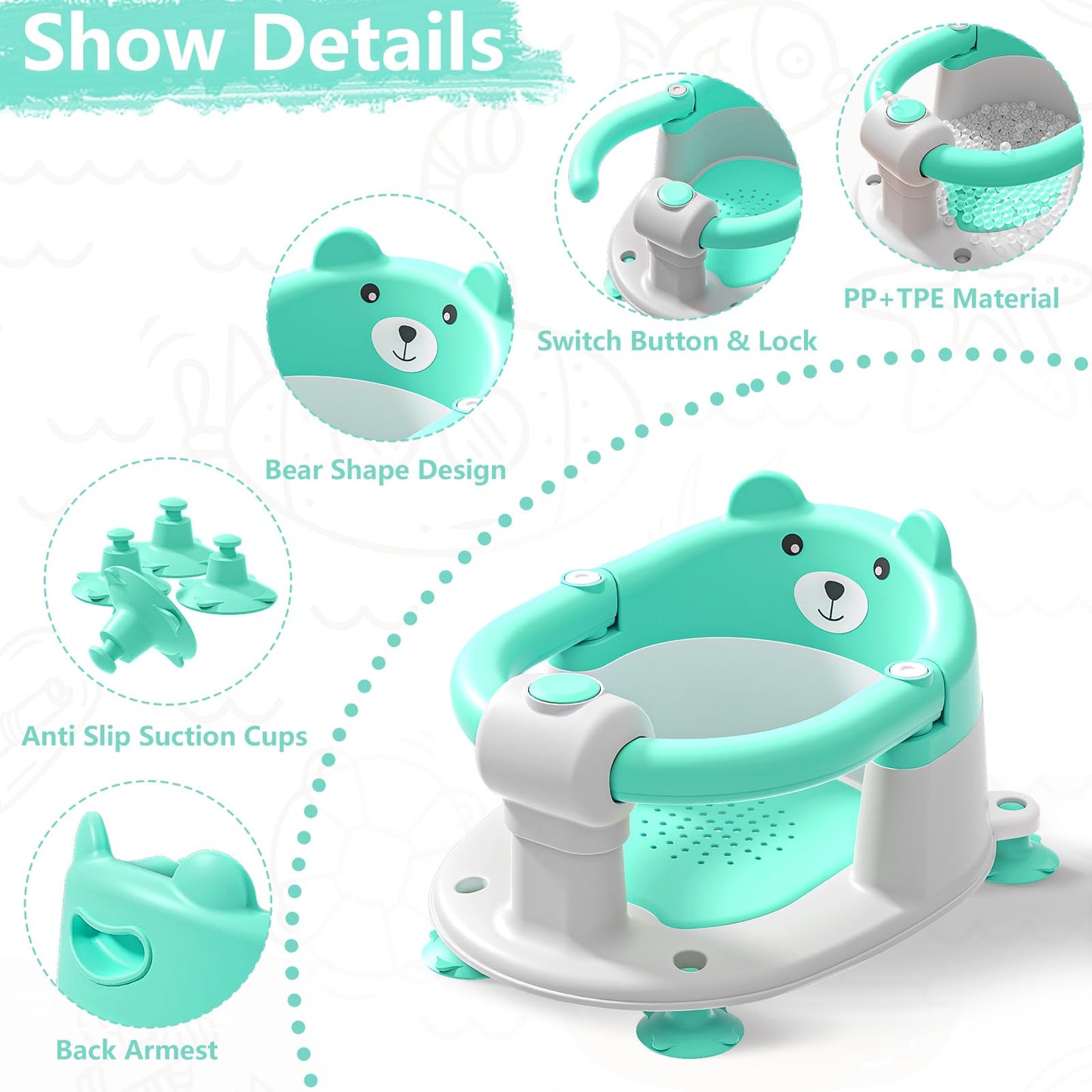 Baby Bath Seat for Babies 6 Months & Up, Toddler Bath Seats for Babies Sitting Up, Non-Slip Infant Bath Tub Chair with 4 Suction Cups & Soft Cushion for Shower, Compact Toddler Bathtub Seat, Pink