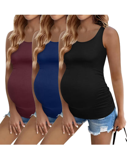 Ekouaer 3 Pack Women Maternity Tank Tops Ruch Side Basic Shirts Summer Postpartum Tops Sleeveless Pregnancy Workout Clothes