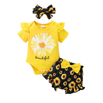 Tiny Cutey Baby Girl Clothes Infant Summer Outfits Set Ruffle Sleeve Romper and Floral Shorts with Headband