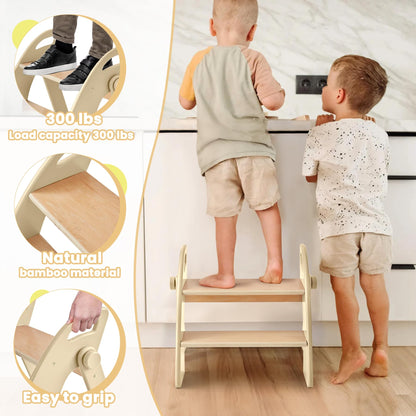 Wooden Step Stool, Two Step Stools, 300 lb. Load Capacity, with Safety Non-Slip Pads and Handles, Bamboo Step Stool for Bathroom and Kitchen, Children's Double Height Step Stools(Pink)