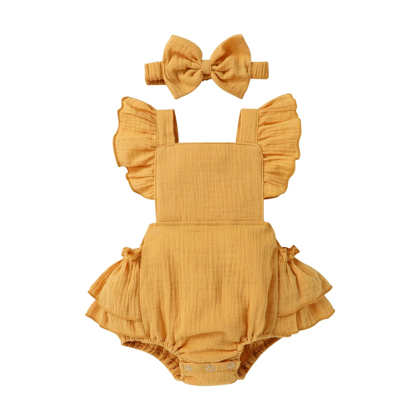 Happy Town Baby Girl Clothes Toddler Summer Linen Romper Sleeveless Ruffle Outfits Infant Girls Jumpsuit with Headband
