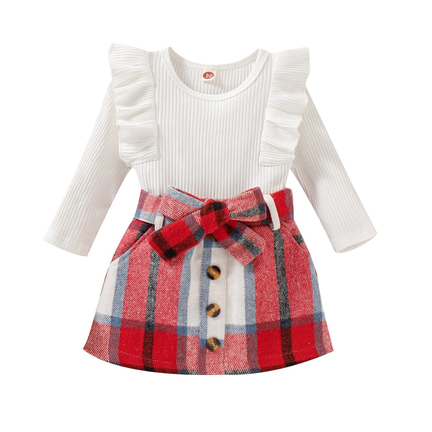 Noubeau Toddler Baby Girls Plaid Outfits Knit Ribbed Sweatshirt Shirt Tops Red Plaid Belt Skirt Fall Winter Clothes