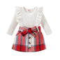 Noubeau Toddler Baby Girls Plaid Outfits Knit Ribbed Sweatshirt Shirt Tops Red Plaid Belt Skirt Fall Winter Clothes