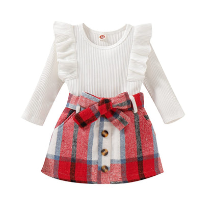 Noubeau Toddler Baby Girls Plaid Outfits Knit Ribbed Sweatshirt Shirt Tops Red Plaid Belt Skirt Fall Winter Clothes