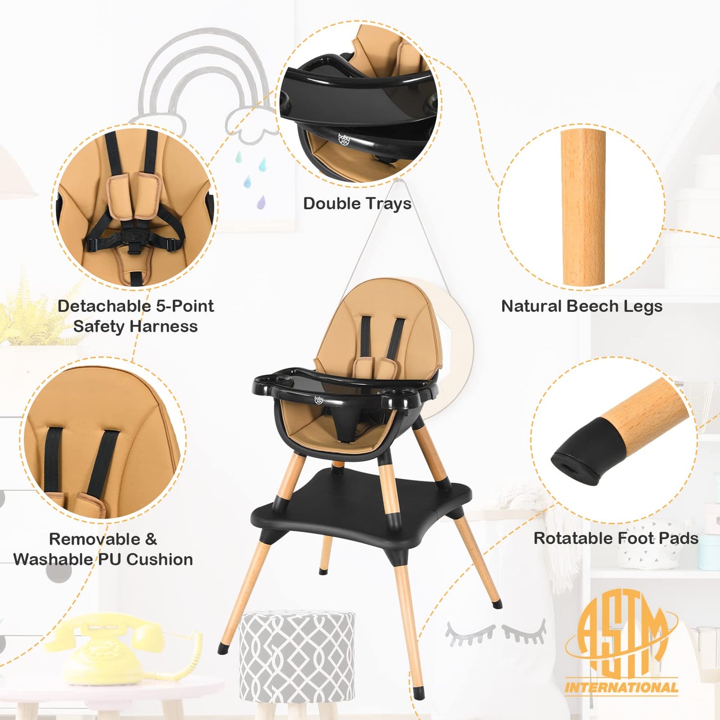 BABY JOY 6 in 1 High Chair, Convertible High Chairs for Babies and Toddlers/Booster Seat/Table and Chair Set, Infant Wooden Highchair w/ 5-Point Harness, 4-Position Removable Tray & PU Cushion, Coffee