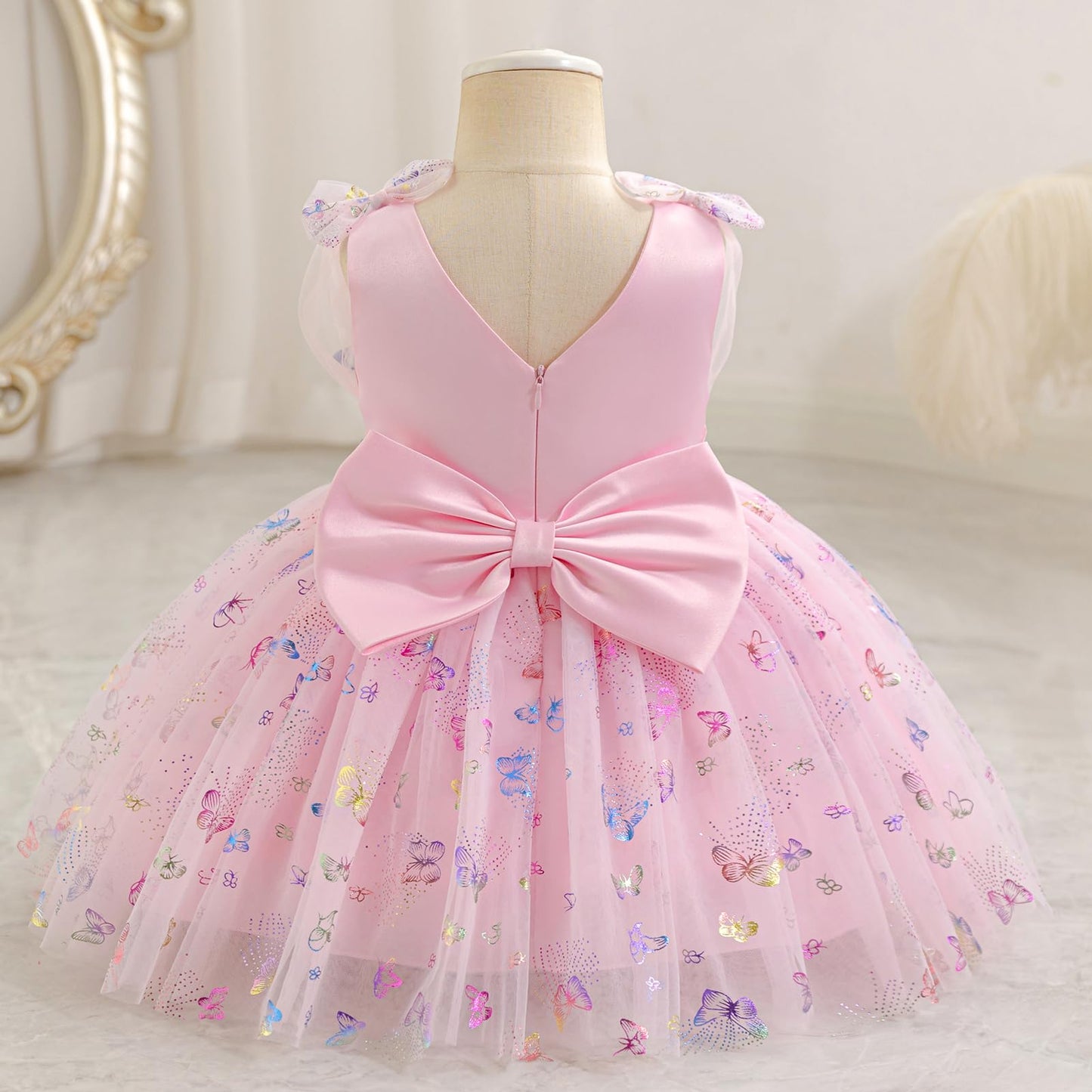 IDOPIP Toddler Baby Girls Shiny Butterfly Tutu Dress Princess Birthday Party Pageant Flower Girl Wedding V-Backless Dresses