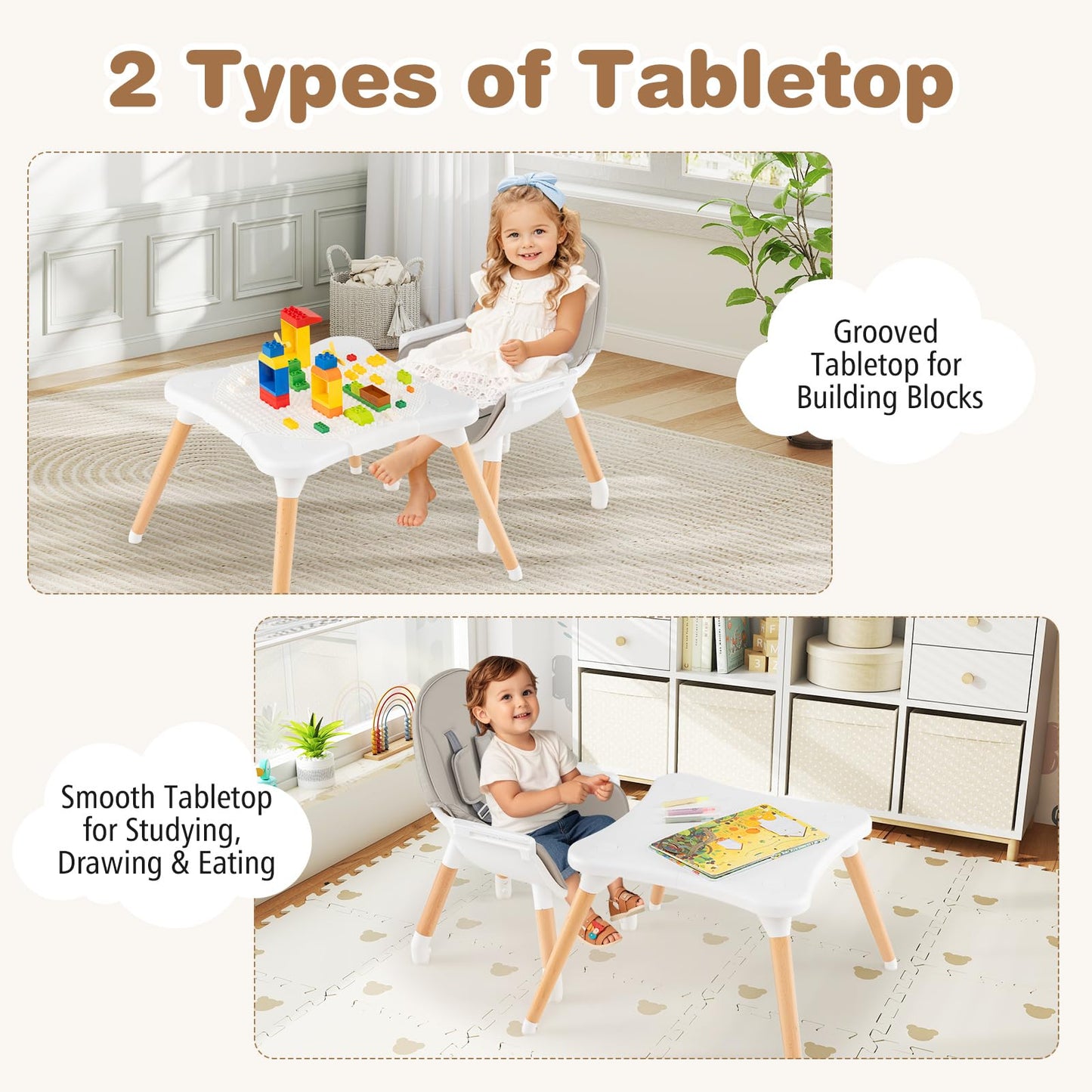 BABY JOY 6 in 1 High Chair, Convertible High Chairs for Babies and Toddlers/Booster Seat/Table and Chair Set, Infant Wooden Highchair w/ 5-Point Harness, 4-Position Removable Tray & PU Cushion, Coffee