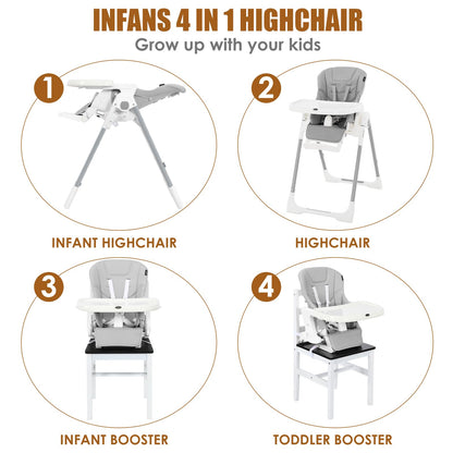 INFANS High Chair for Babies & Toddlers, Foldable Highchair with Multiple Adjustable Backrest, Footrest and Seat Height, Removable Tray, Detachable PU Leather Cushion, Built-in Rear Wheels (Black)