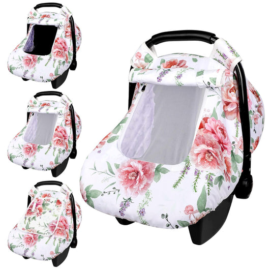 Pea Pod Car Seat Cover Baby, Infant Car Seat Canopy Covers for Newborn with 2 Layers Windows of Breathable Mesh Fabric, Lightweight Polyester/Soft Minky Dot Backing (Floral & Rainbow)