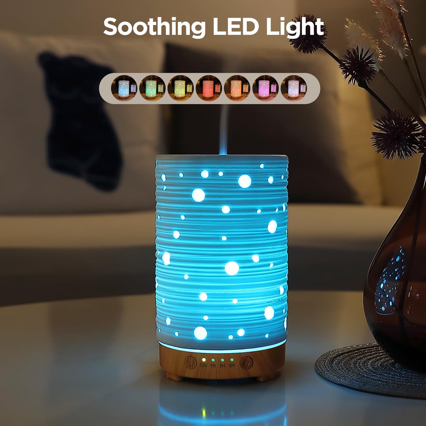 Essential Oil Diffuser Hand Blown Glass Aromatherapy Diffuser - Ultrasonic Cool Mist Scent Aroma Diffuser, Whisper Quiet with Auto Shut-Off, Timer Setting &7 Colors Night Light for Home