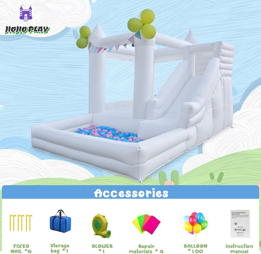 12 FT Oxford White Inflatable Bounce House, Bounce House With Ball Pit, Bounce House With Slide, Indoor And Outdoor Large Inflatable Castles Bounce House for Kids 3-12 Holiday Decoration Wedding Party