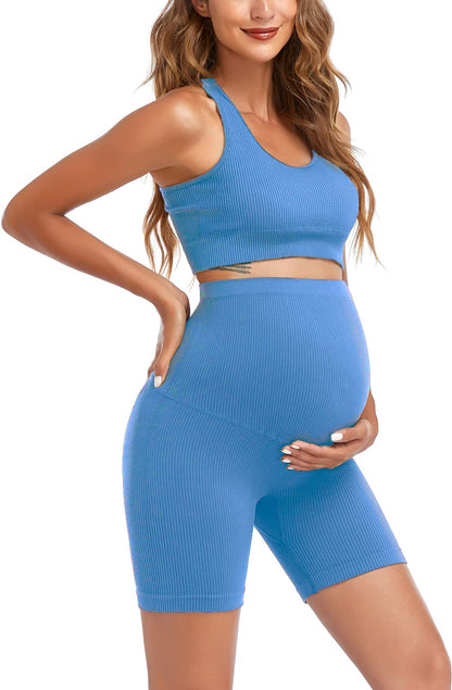 Women's Maternity 2 Piece Outfit Set - Bra & Shorts for Pregnancy - Yoga workout Lounge Wear Sets