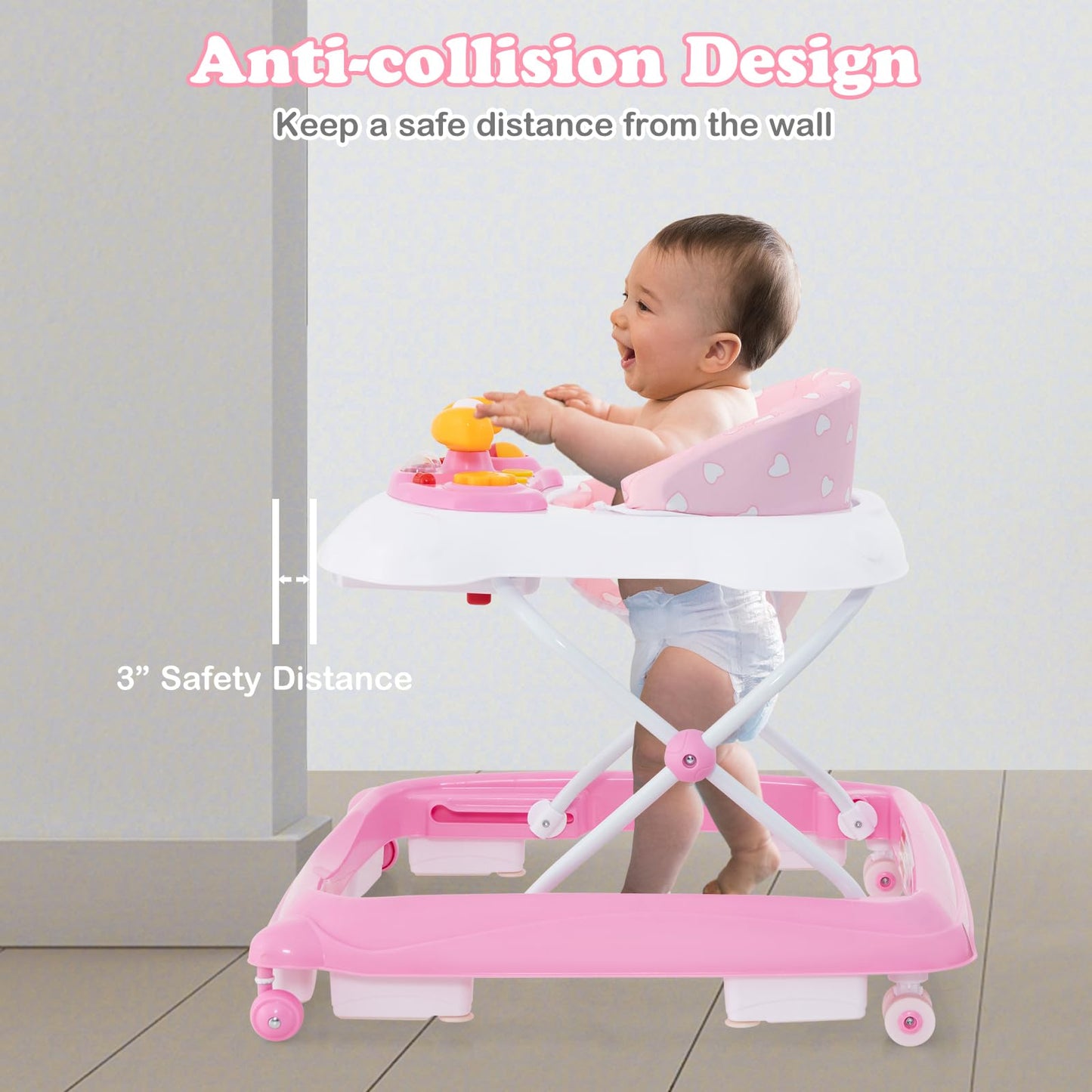INFANS Foldable Baby Walker, 3 in 1 Toddler Walker Leaning-Seated Walk-Behind with Removable Music Tray, Adjustable Height, Washable Seat Cushion for Boys and Girls (Heart)