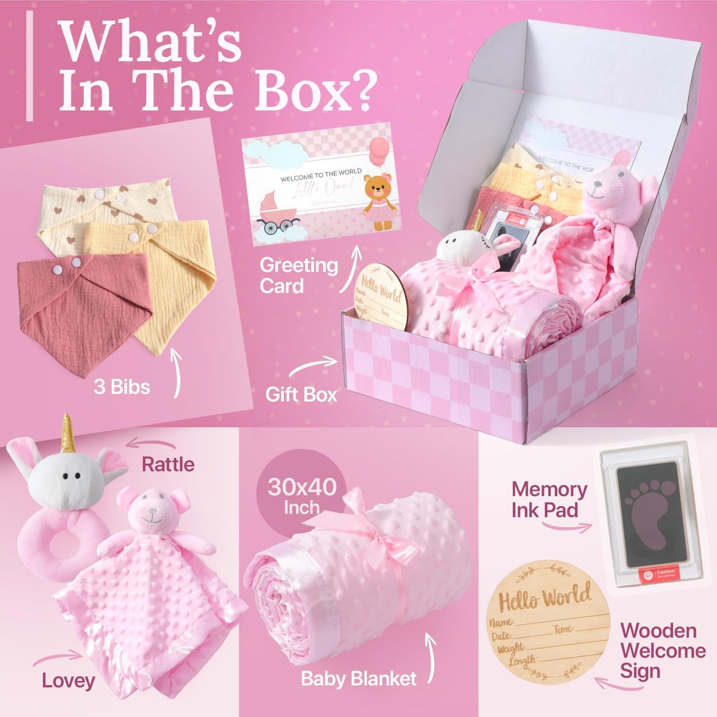 Baby Shower Gifts for Girls - Premium 10-Piece Baby Bundle | Baby Girl Gifts & Baby Gifts for Girls Newborn 0-6 Months | Keepsake Set with Blanket, Bibs, Lovey, Rattle & More