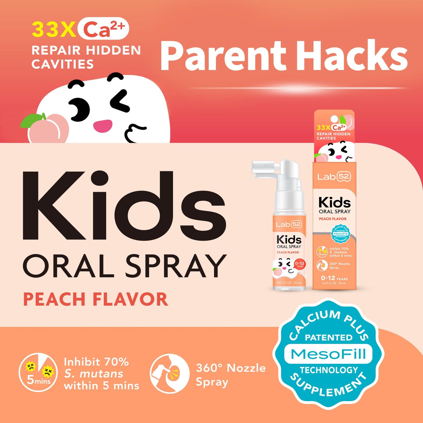 LAB52 Kids Oral Spray, Toddler Toothpaste Helper for Cavity Repair and Fresh Breath, Children Anticavity with Fluoride Free for Newborn to Preschoolers, Xylitol Vanilla Flavor