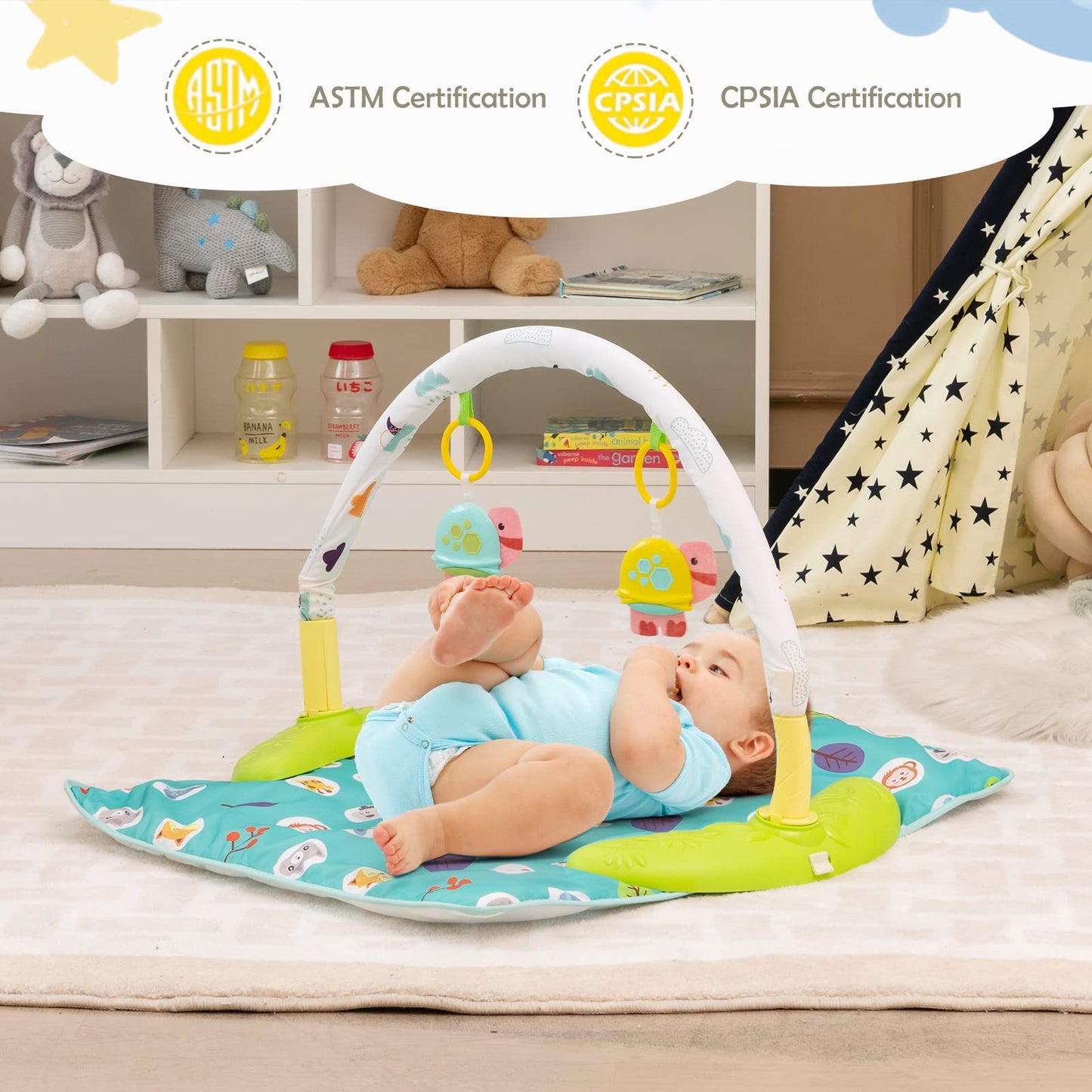 HOMGX Baby Bouncer Activity Center, 3 in 1 Baby Jumper Center & Infant Playtime Mat & Activity Table w/Baby Toys, 3 Adjustable Heights & 360° Rotatable Seat, Exersaucer for Toddlers (Green)