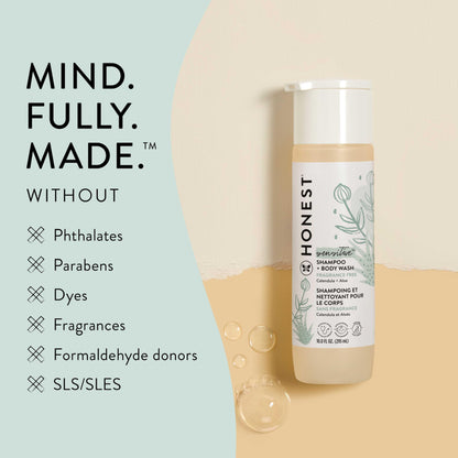 The Honest Company 2-in-1 Cleansing Shampoo + Body Wash for Sensitive Skin | Gentle for Baby | Naturally Derived, Tear-free, Hypoallergenic | Fragrance Free, 10 fl oz