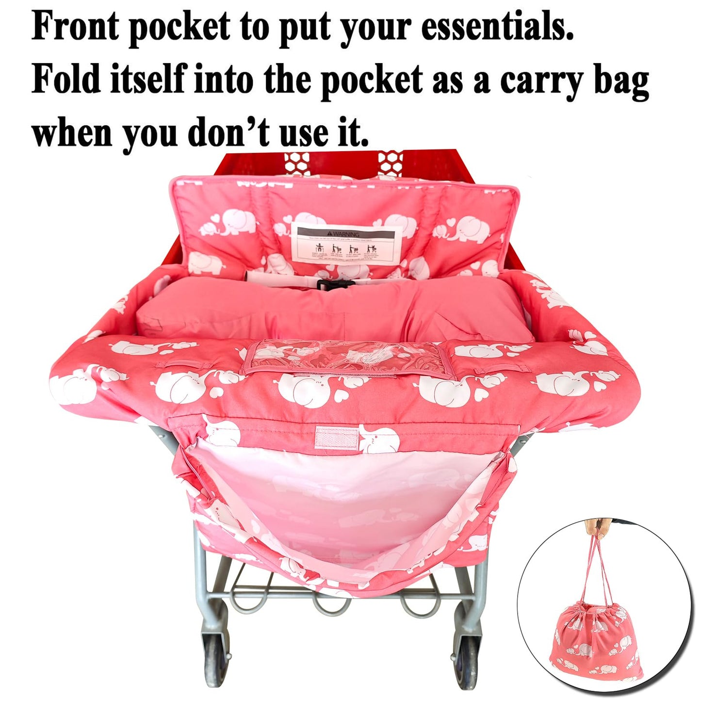 Soft Pillow Attached 2-in-1 Shopping Cart and High Chair Cover for Baby, Cotton Padded Cart Cover, Fold'n Roll Style, Portable with Carry Bag (Blue Elephant)