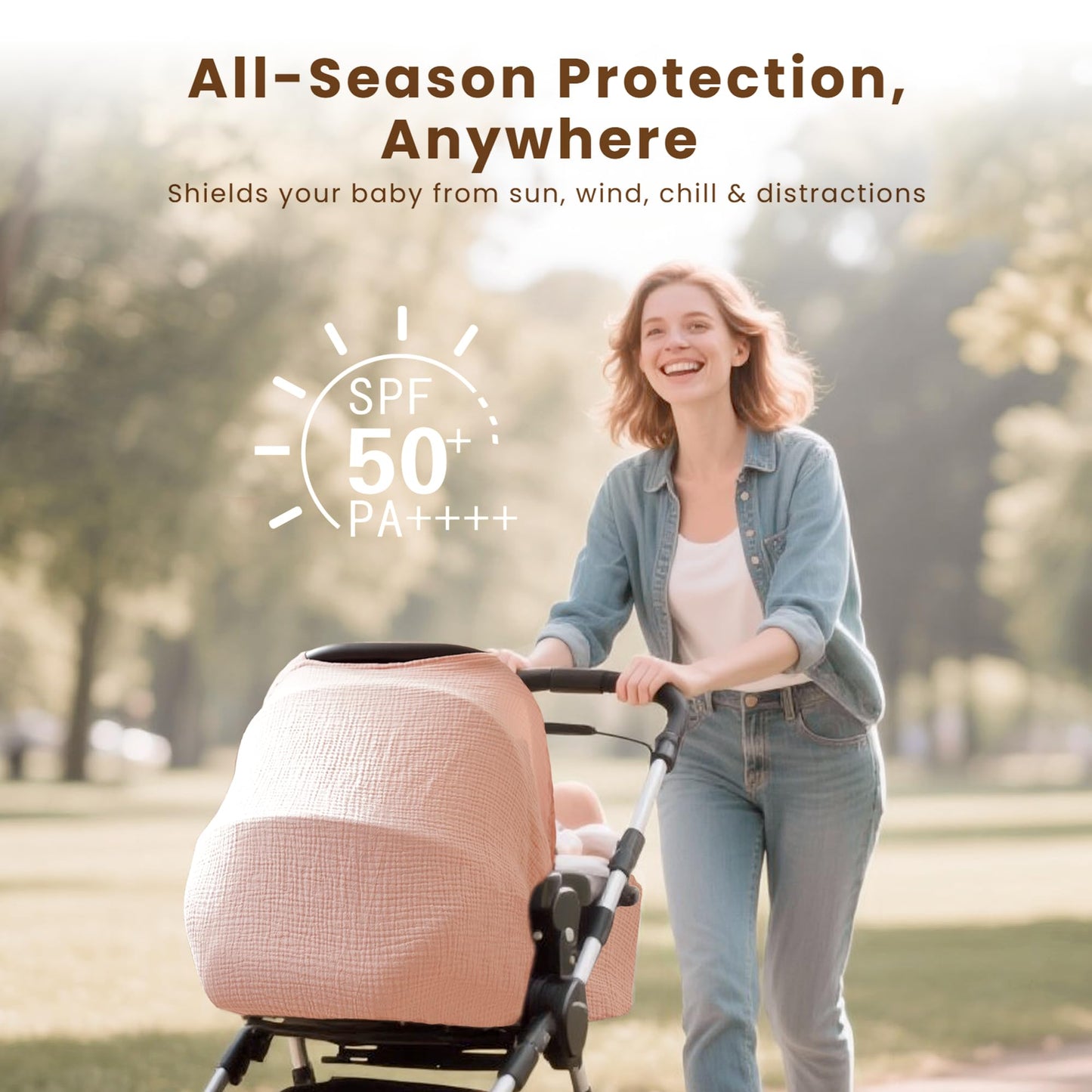 Konssy Car Seat Cover for Baby, Muslin Cotton Button Open Stroller Canopy for Babies Shower Gifts and Registry Search, Breathable Infant Sunshade Cover, Must Have for Unisex Boys and Girls, Fog Green