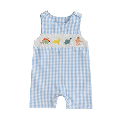 Baby Boy Summer Clothes Sleeveless Embroidery Dinosaur Striped Retro Romper Jumpsuit Smocked Shortall