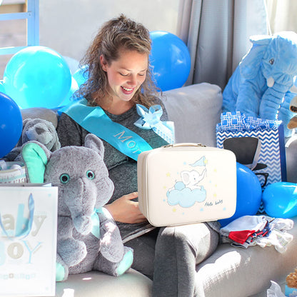 Baby Shower Gifts, Baby Boy Gift Basket Set Newborn Blanket Elephant Lovey Baby Security Blanket Wooden Rattle Toy, Funny Bibs Socks & Greeting Card, New Boys Baby Gift Essentials