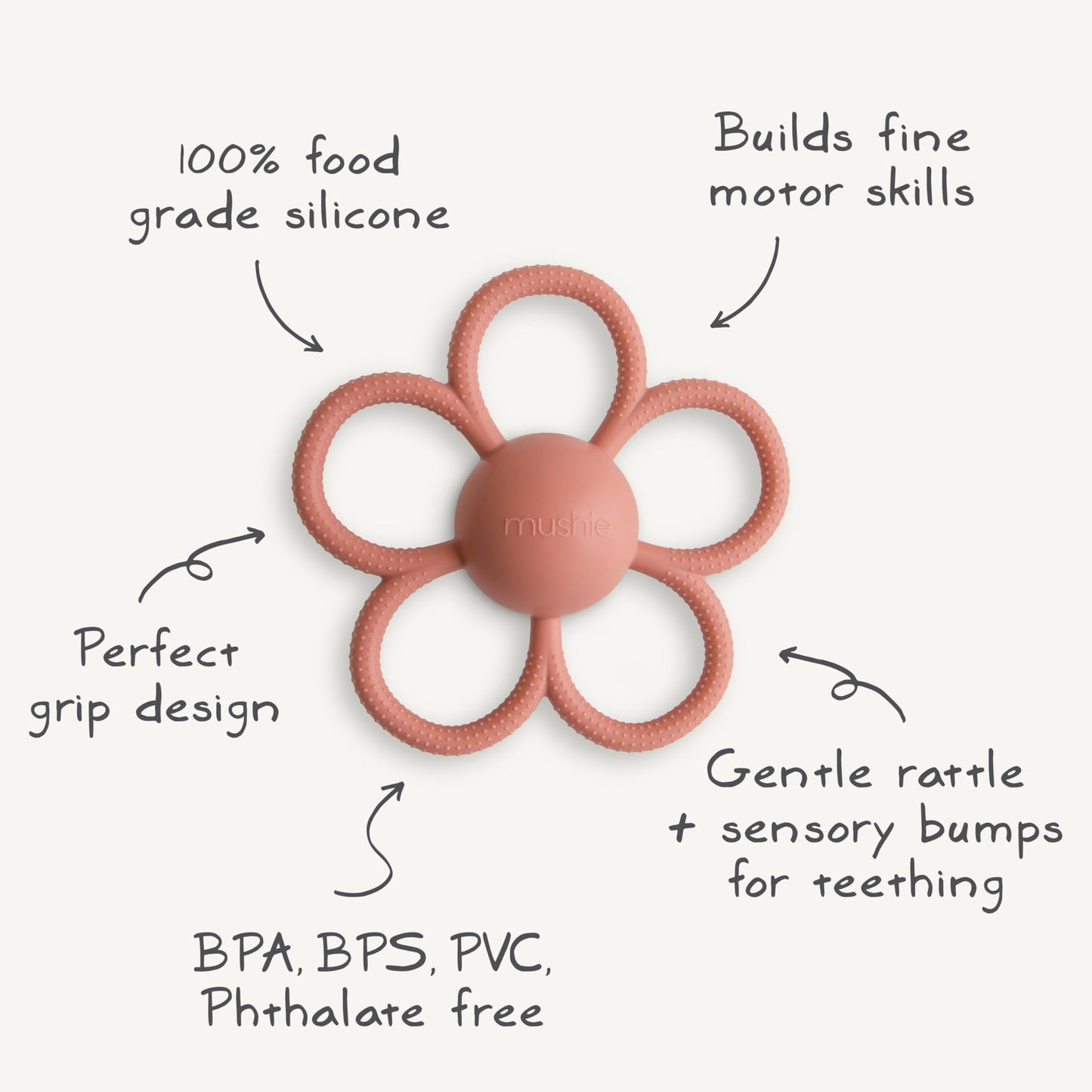 mushie Silicone Baby Daisy Rattle Teether Toy (Dusty Rose)