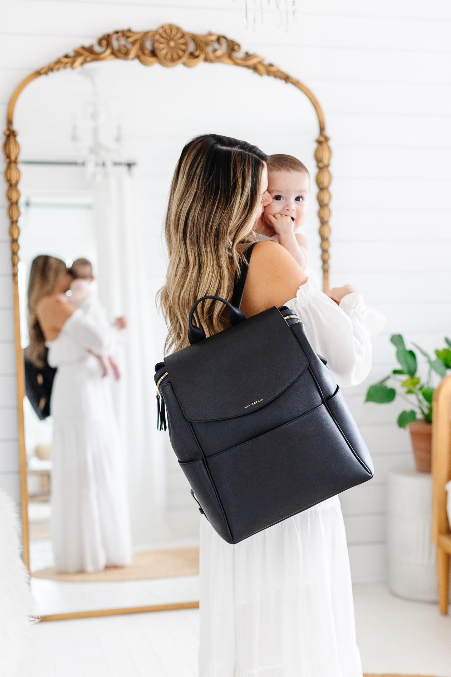Leather Diaper Bag Backpack with USB Charging port, Changing Pad, Stroller Straps, and Bottle Holder (Brown Olivia)