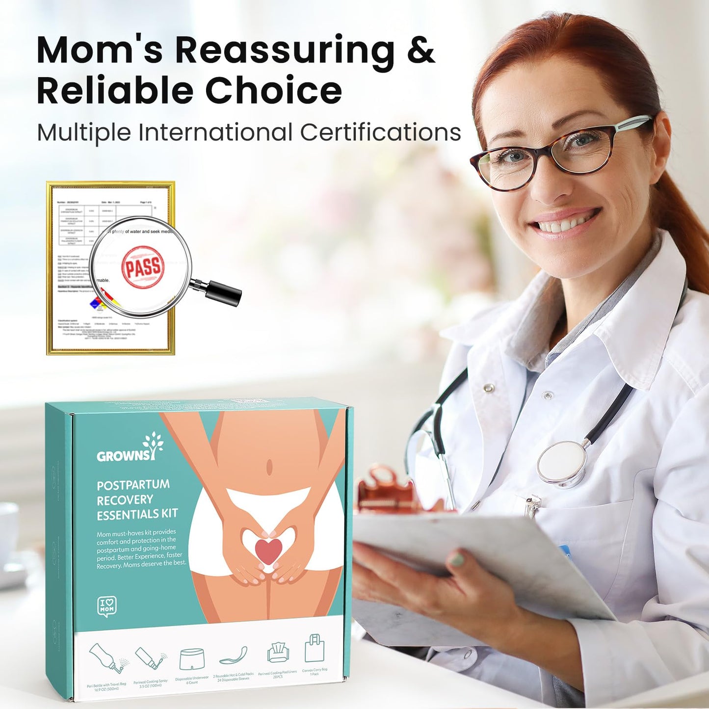 Grownsy Postpartum Essentials Recovery Kit for Labor & Delivery | Postpartum Kit for Women | Includes Upside Down Peri Bottle, Perineal Spray, Cooling Pad Liners, Ice Packs & Disposable Underwear