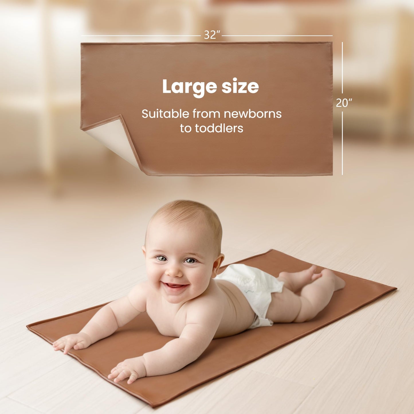Konssy Faux Leather Baby Changing Mat 2 Pack, Waterproof, Wipeable & Portable Diaper Changing Pad for Travel or Home, Foldable Mat Fits Perfectly in Diaper Bag, 30 x 17 inches (Brown,Beige)