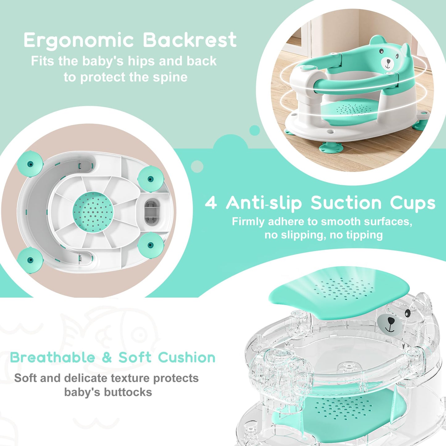 Baby Bath Seat for Babies 6 Months & Up, Toddler Bath Seats for Babies Sitting Up, Non-Slip Infant Bath Tub Chair with 4 Suction Cups & Soft Cushion for Shower, Compact Toddler Bathtub Seat, Pink