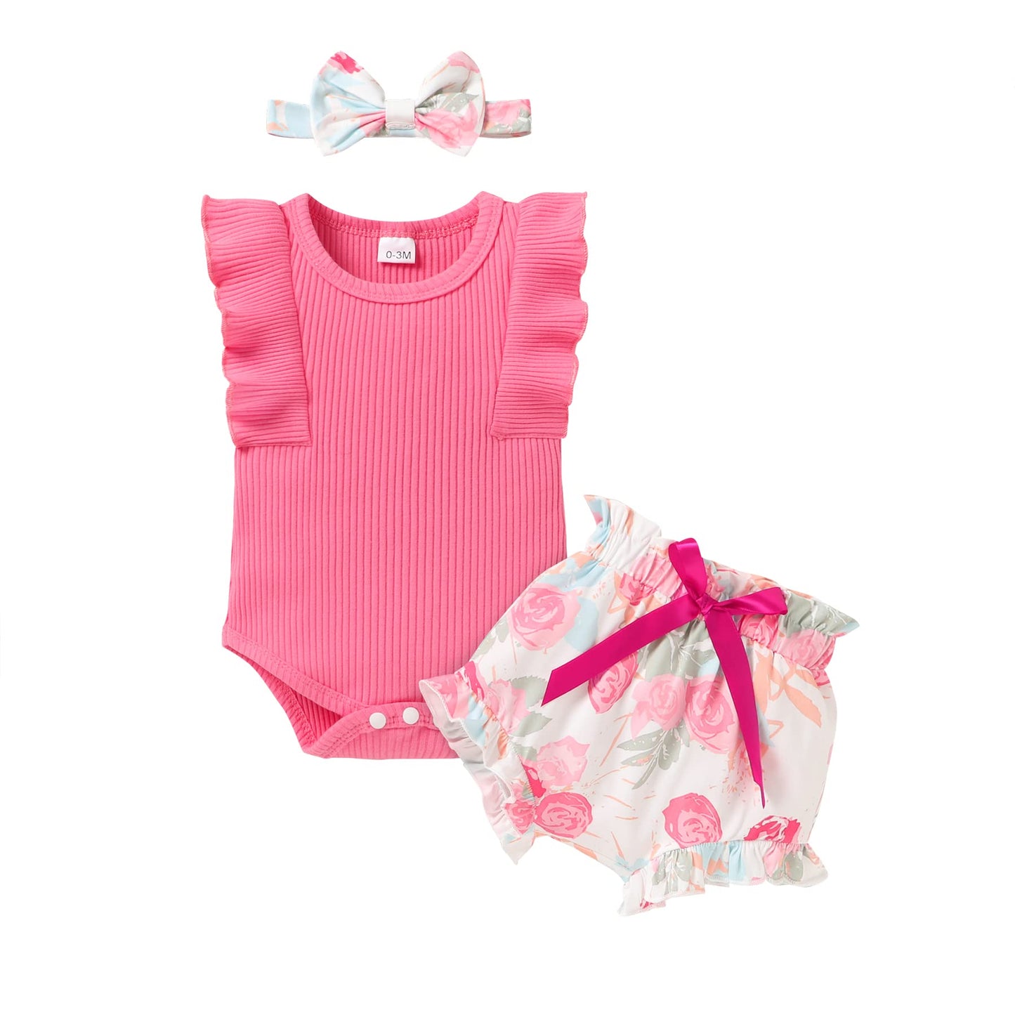 Tiny Cutey Baby Girl Clothes Infant Summer Outfits Set Ruffle Sleeve Romper and Floral Shorts with Headband