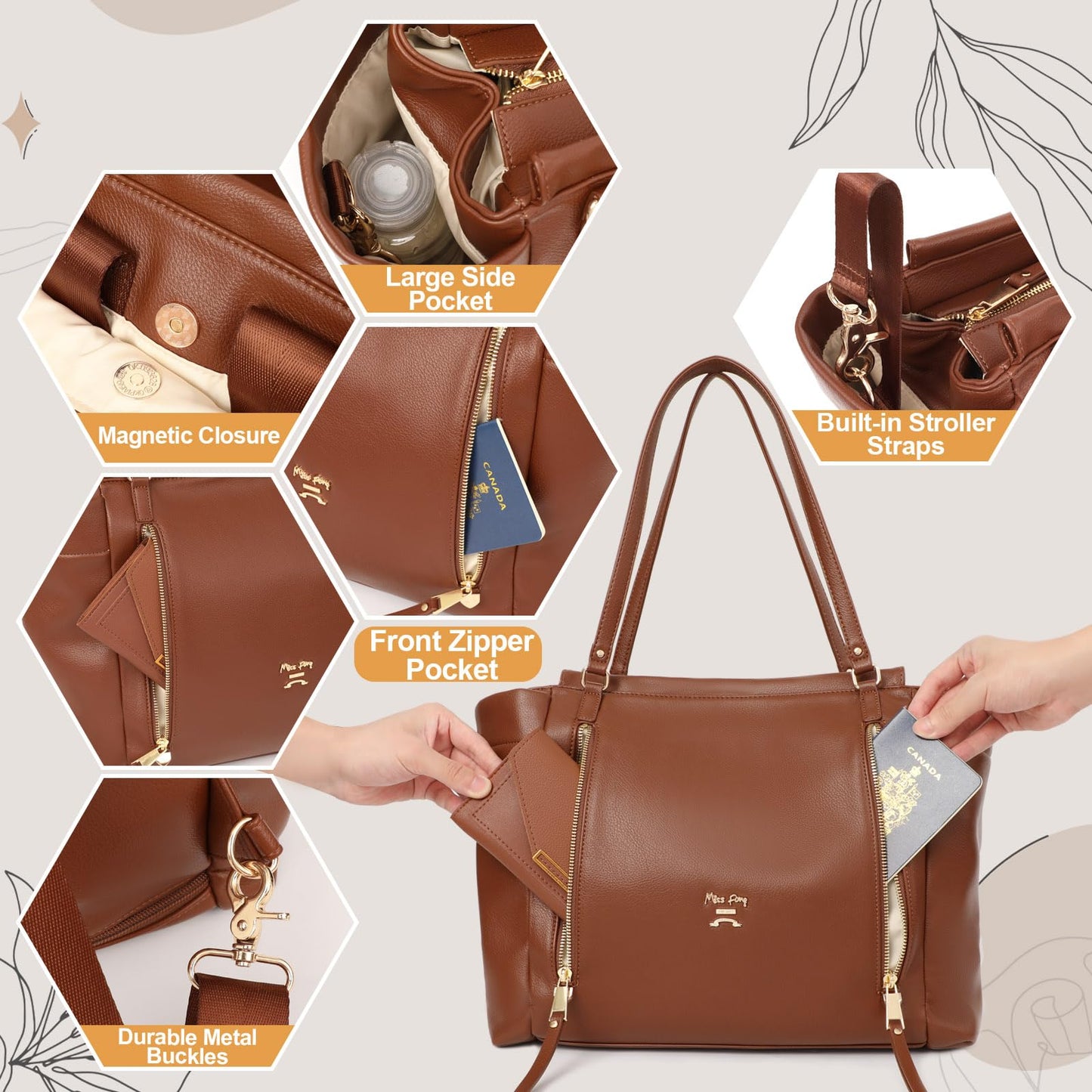 miss fong Diaper Bag Tote Leather Diaper Bag Backpack, Large Capacity Mommy Bag Hospital Bag, 12 Pockets Travel Diaper Tote with Changing Pad，Stroller Straps & Insulated Pockets for Mom & Dad-Brown