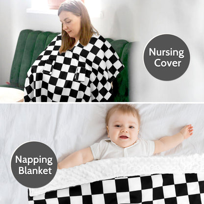 DILIMI Baby Car Seat Cover, Minky Warm Car Seat Covers for Babies, Peekaboo Opening Infant Car Seat Cover, Nursing Cover Carseat Canopy, Black Checkered