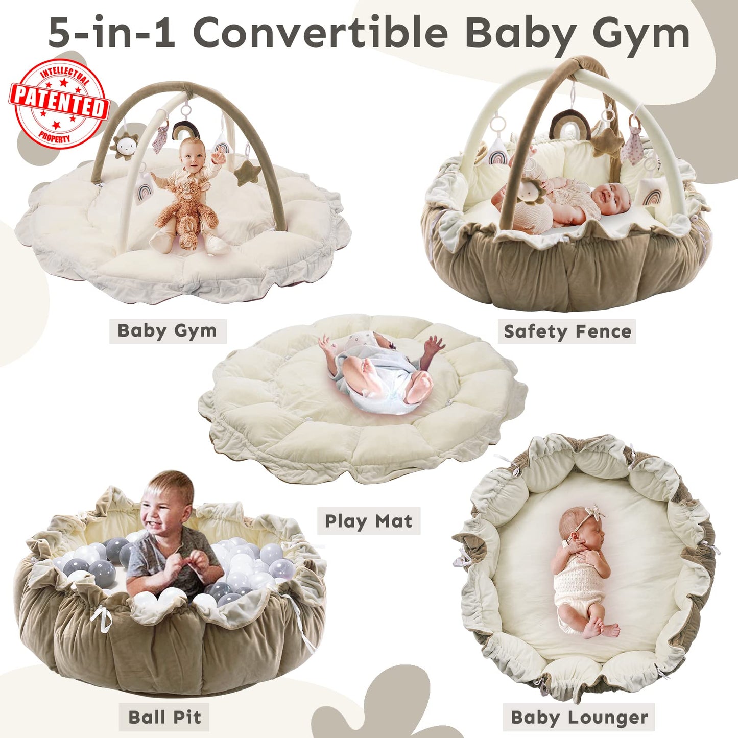 5-in-1 Thick & Plush Baby Play Gym, Baby Play Mats for Floor, Tummy Time Mat with 6 Toys, Cat Bed, Dog Bed, Convertible Stage-Based Developmental from Baby to Toddler, Ball Pit, Pet Cushion Cloudico