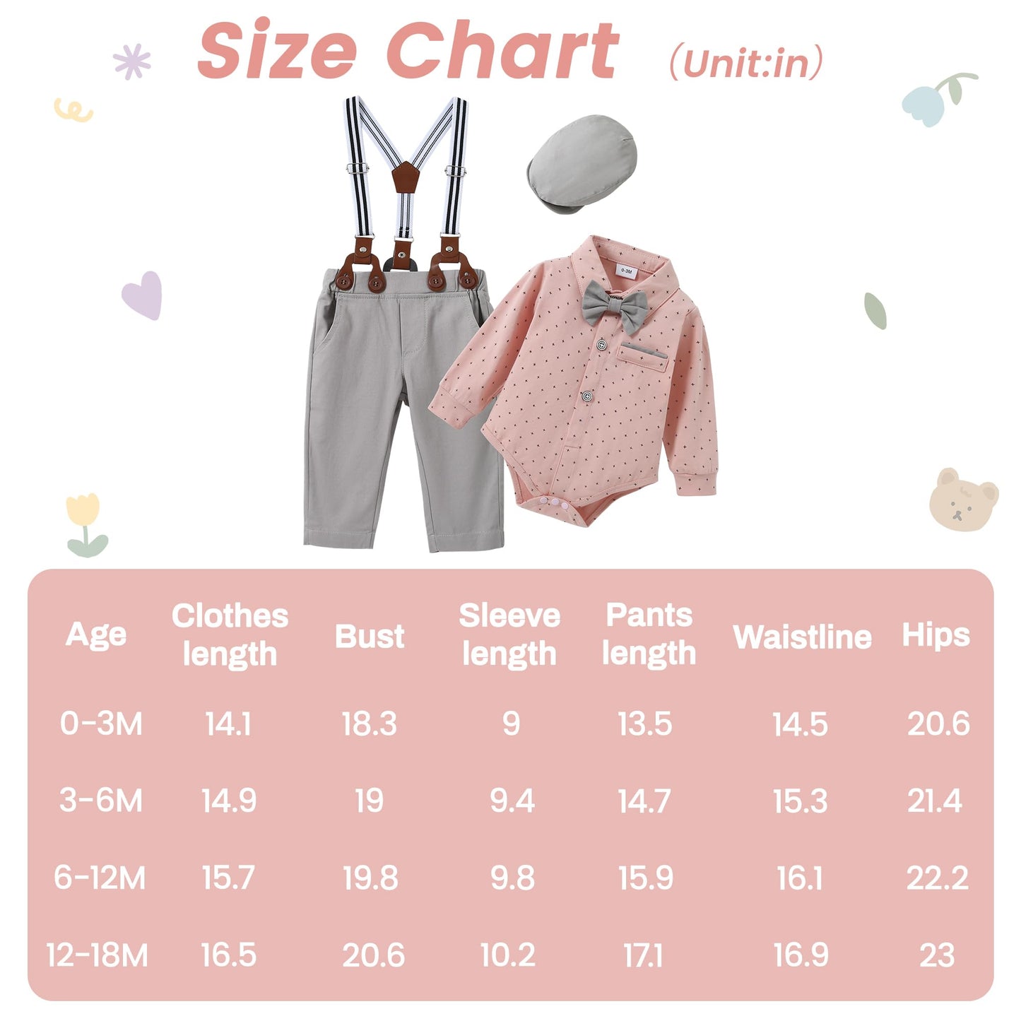 ZOEREA Baby Boy Suit 0-24M Gentleman Outfit Clothes Set Infant Long Sleeve Dress Shirt+Suspender Pants+Bowtie+Beret Hat