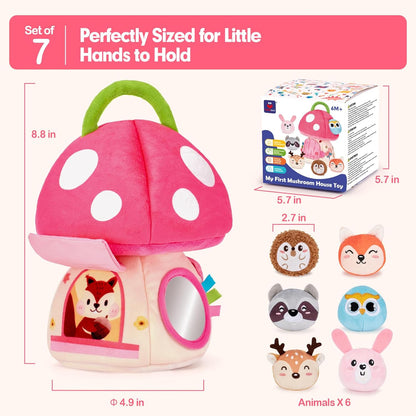 hahaland Baby Girl Toys 6-12 Months - My First Mushroom House with Stuffed Jungle Animals, Rattle, Crinkle Paper, Mirror - Developmental Sensory Montessori Toys for Toddlers 1 Year Old Girl Gifts