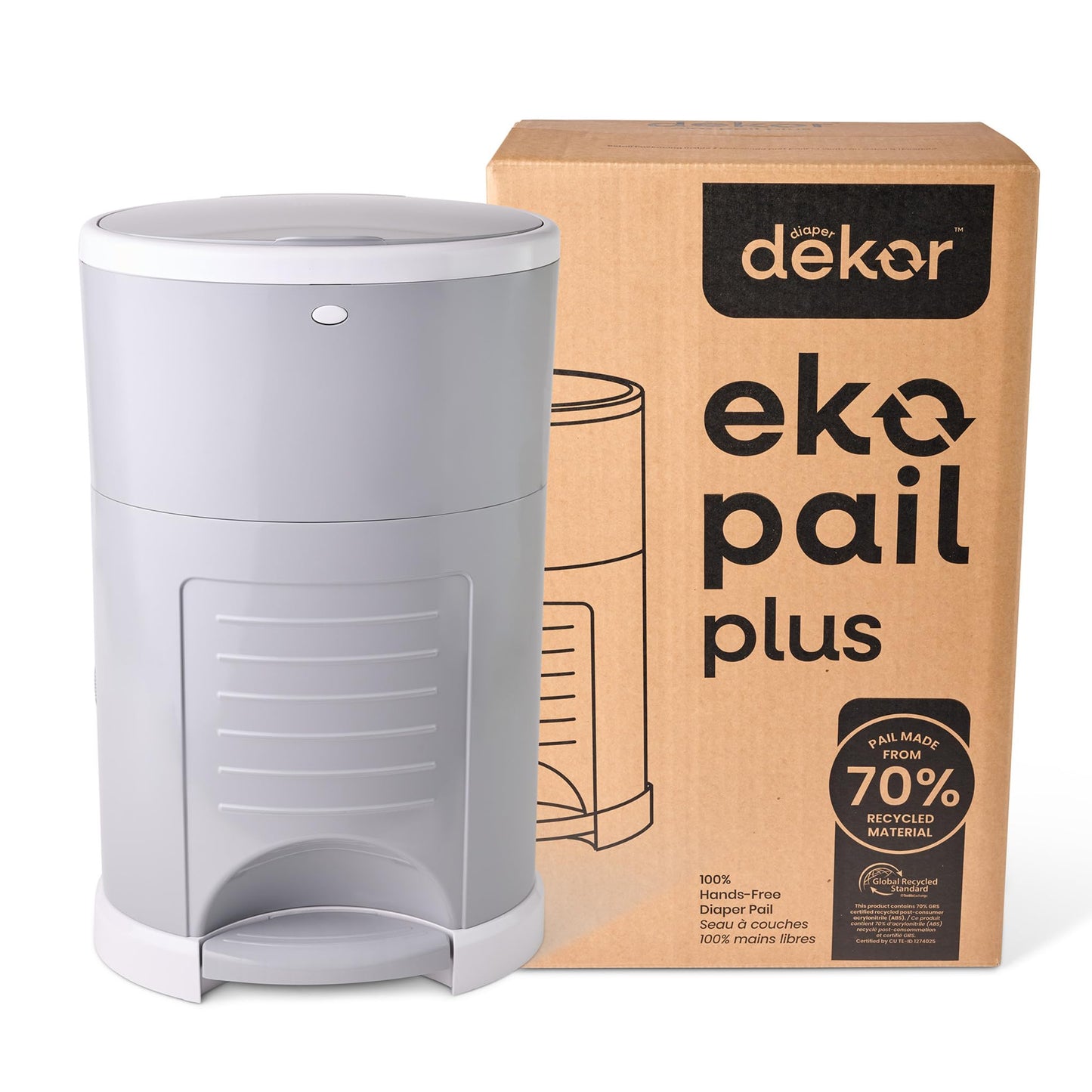 Diaper Dekor EKO Plus Diaper Pail Gift Set, White | ONLY Eco-Friendly Diaper Pail Made with 70% Recycled Materials | Comes with up to a Year's Supply Worth of Diaper Dekor Refills!