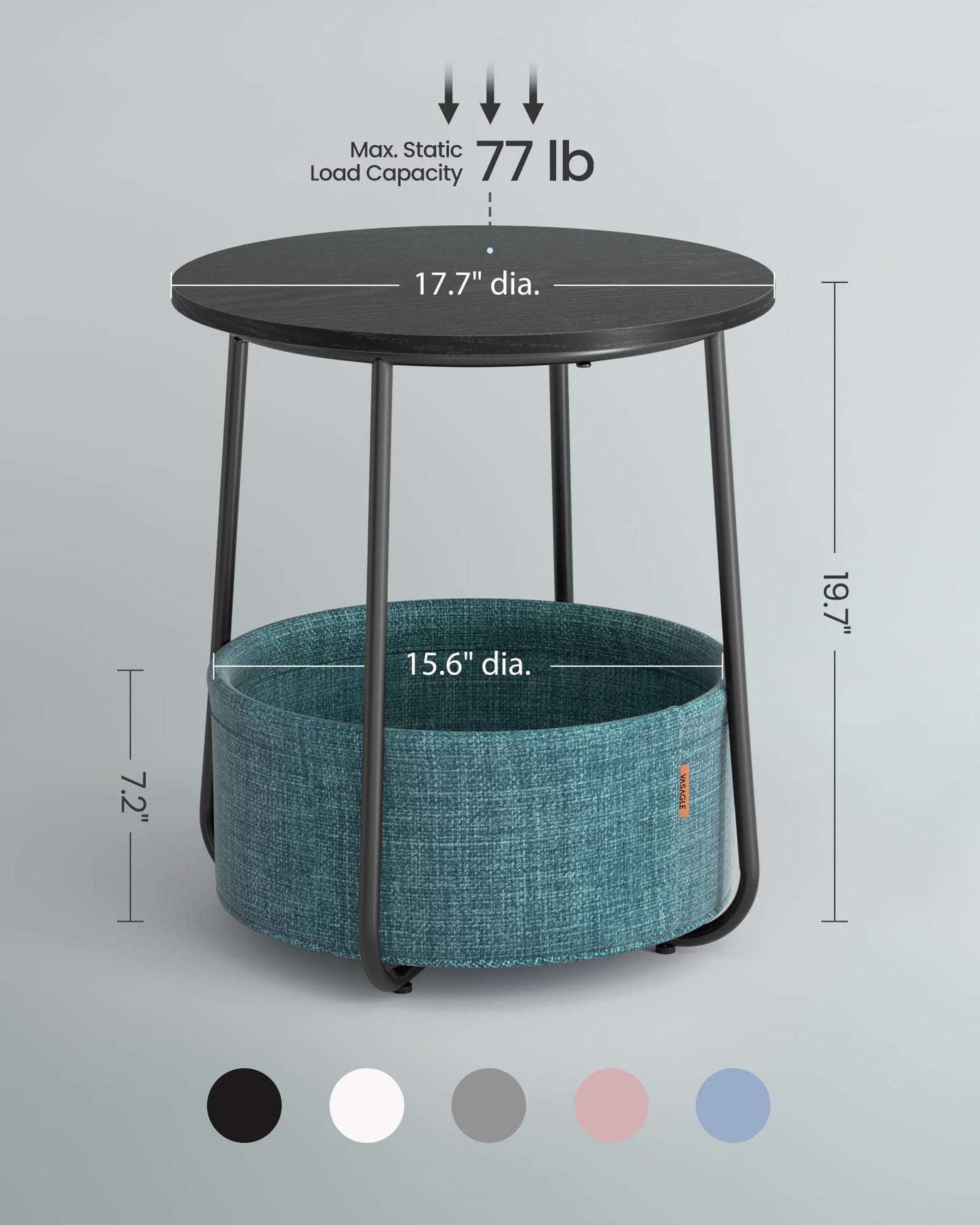 VASAGLE End Table, Small Bedside Table with Fabric Basket, Modern Nightstand, Round Side Table, for Living Room, Bedroom, Matte White and Camel Brown ULET223W10
