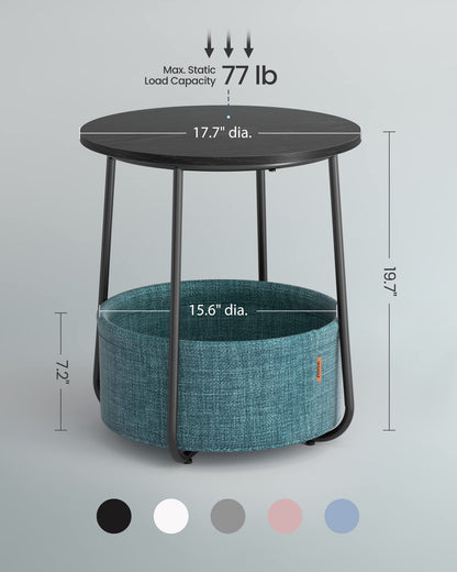 VASAGLE End Table, Small Bedside Table with Fabric Basket, Modern Nightstand, Round Side Table, for Living Room, Bedroom, Matte White and Camel Brown ULET223W10
