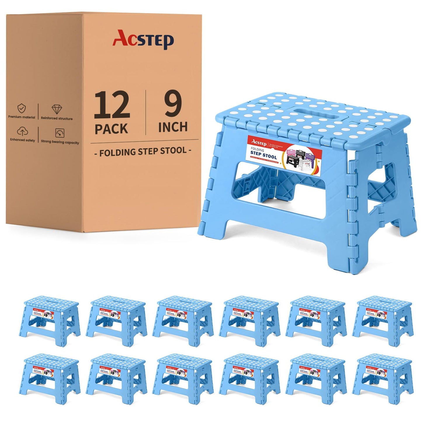 ACSTEP Folding Step Stool 9'' Tall Kids Step Stool Holds Up to 300 lb Plastic Foldable Step Stools for Kids Non-Slip Surface with Carry Handle Collapsible Stool for Home, Outdoor and Indoor(Black)