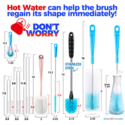 Holikme Bottle Brush Tube Cleaning Lab Set with Long Handle, Cup Cleaner for Washing Narrow Neck Beer Wine Decanter Pipes Lids Sinks Cap Covers, White