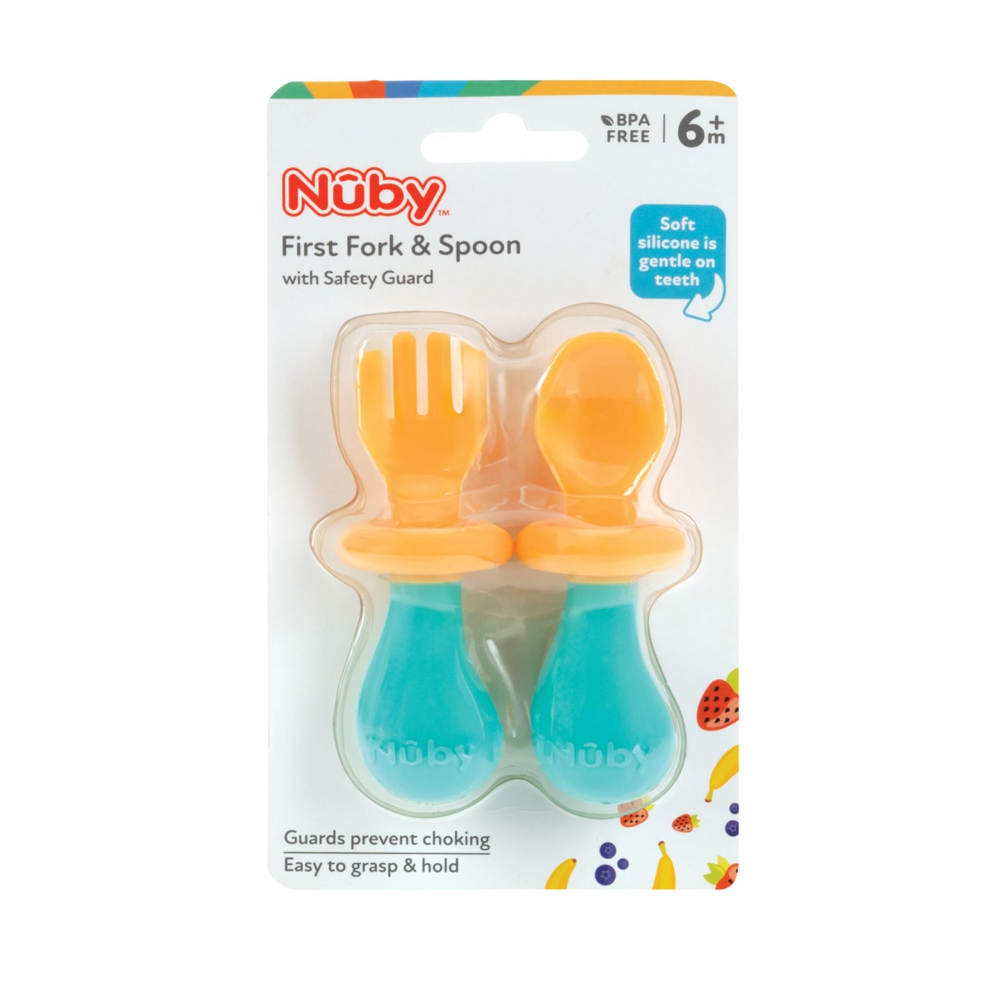 Nuby First Fork and Spoon Set - Utensils with Safety Guards for Babies 6+ Months - Green and Blue