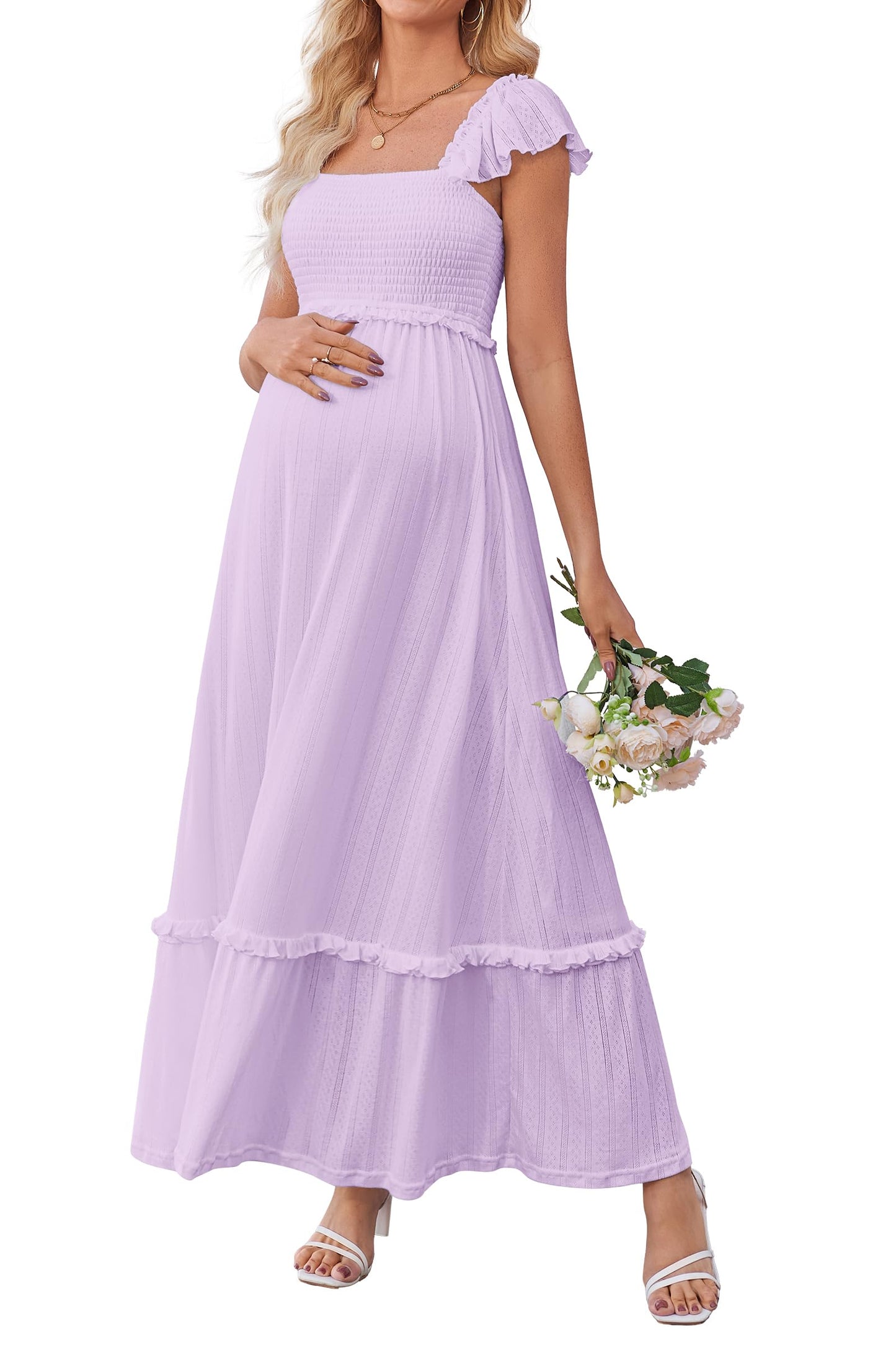 OUGES Womens 2025 Summer Maternity Photoshoot Dress Boho Maxi Smocked Baby Shower Dress Ruffle Sleeve Maternity Clothes