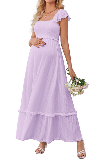 OUGES Womens 2025 Summer Maternity Photoshoot Dress Boho Maxi Smocked Baby Shower Dress Ruffle Sleeve Maternity Clothes