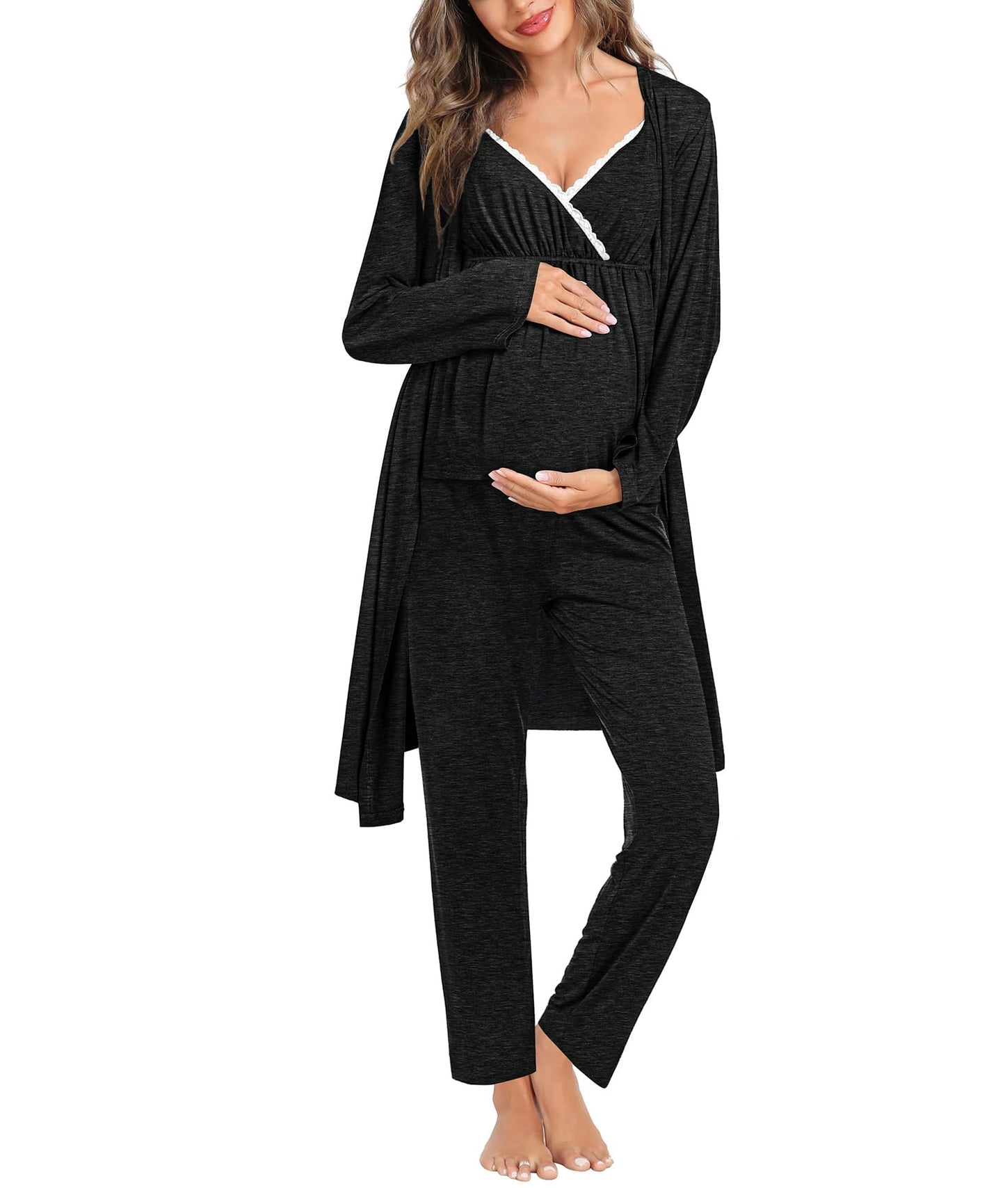 SWOMOG Maternity Nursing Robe Set 3 Piece Breastfeeding Pajamas 3 in 1 Labor Delivery Sleevless Tops&Long Pants Pregnancy Pjs