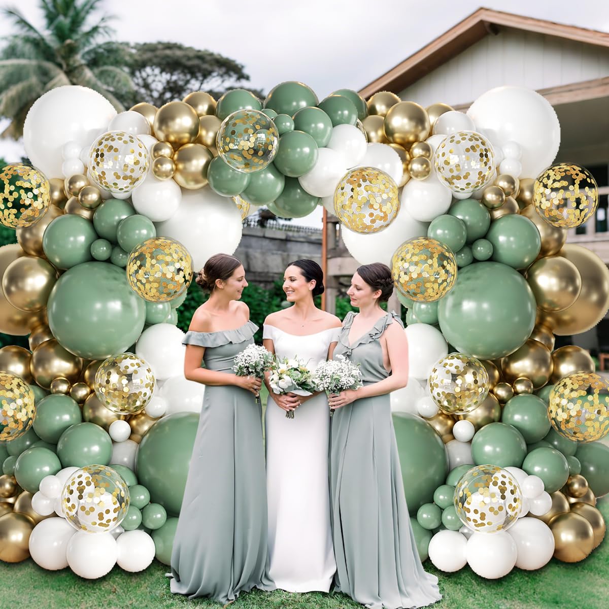 155Pcs Sage Green White Gold Balloon Garland Arch Kit with Gold Confetti Balloons for Graduation Baby Shower Decor Happy Birthday Party Wedding Jungle Decorations