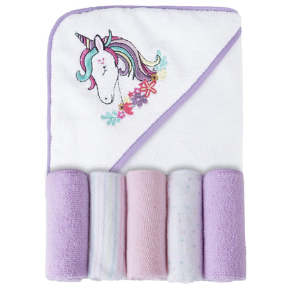 Viviland Baby Towels and Baby Wash Cloths Set Hooded Baby Towels Baby Wipes Absorbent Bath Face Towels Burp Cloths or Face Towels for Girl Boy 6-Pack Size 28 x 28 Inch(Elephant Flower)